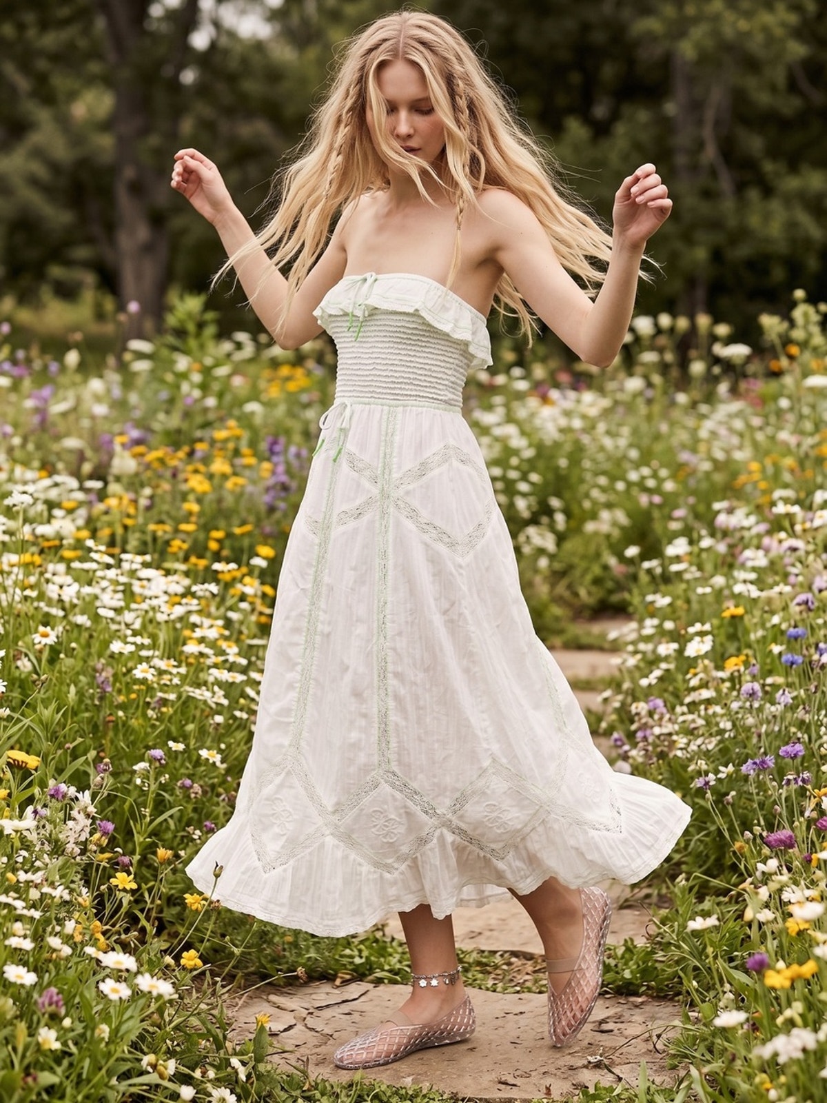 Free People Ethereal Cottage Prairie White Lace Hi Hello Midi Dress Medium